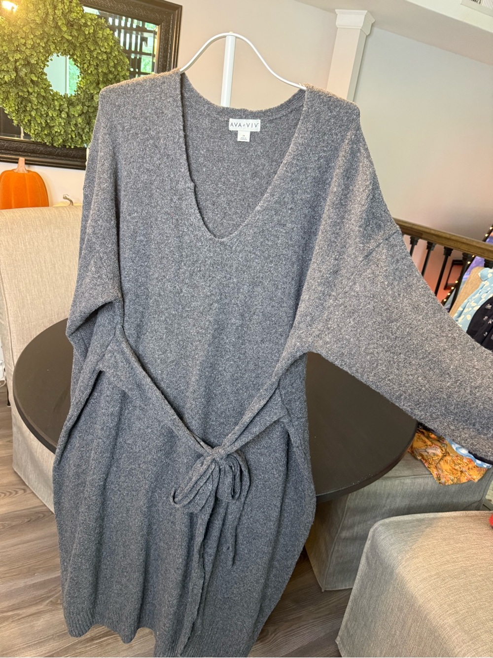 Ava & Viv Gray V-Neck Tie-Waist Sweater Dress